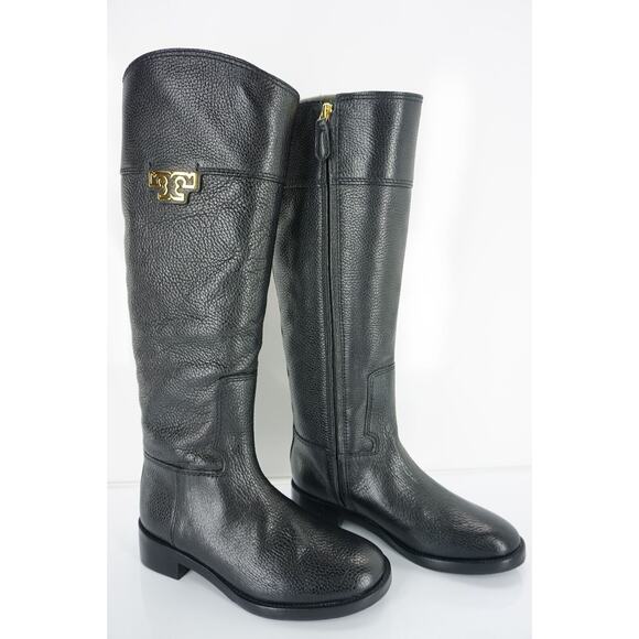 Tory Burch Joanna Black Leather Gold Logo Riding Boots Size 5.5 Heels NIB $495 - Picture 6 of 9